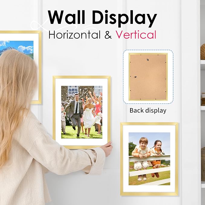 11x14 Picture Frame Bulk-6 Pack, Photo Frame with HD Plexiglass, Display Pictures 8x10 with Mat or 11x14 Without Mat, Gold Picture Frames Collage Wall Decor