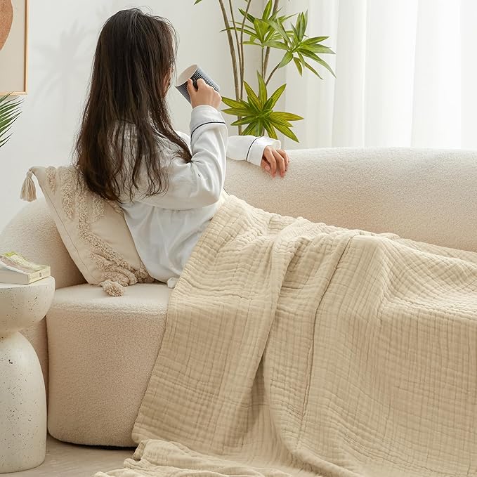 Love's cabin 100% Cotton Muslin Blanket, 6 Layer Lightweight Breathable Gauze Throw Blanket 50 x 60 Inches, Soft All Season Blanket for Couch, Bed, Sofa, Khaki