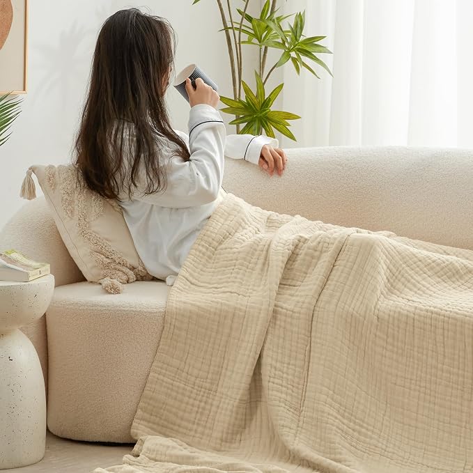 Love's cabin 100% Cotton Muslin Blanket, 6 Layer Lightweight Breathable Gauze Twin Size Blanket 60 x 80 Inches, Soft Summer Blanket for Bed or Couch, Khaki