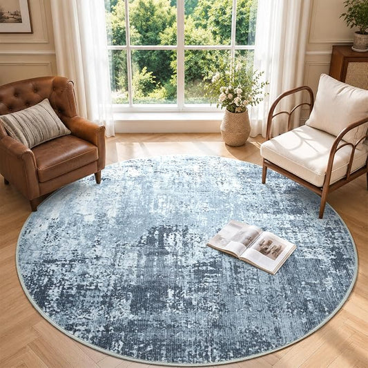 4Ft Round Area Rugs for Living Room, Soft Non-Slip Washable Rugs Modern Abstract Pattern Carpet for Bedroom Indoor Floor Nursery Home Decor (Blue)