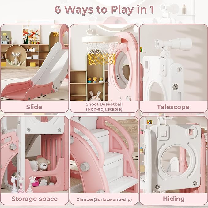 Toddler Slide, Outdoor Indoor Slide for Toddlers 1-3, Freestanding Slides with Basketball Hoop, Telescope, Storage Space and Non-Slip Steps (Pink)