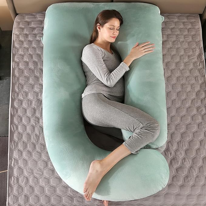 U-Shaped Full Body Pregnancy Pillow for Sleeping – 57" Maternity Pillow with Removable Cover, Support for Back, Legs, Belly & Hips (Velvet-Green)