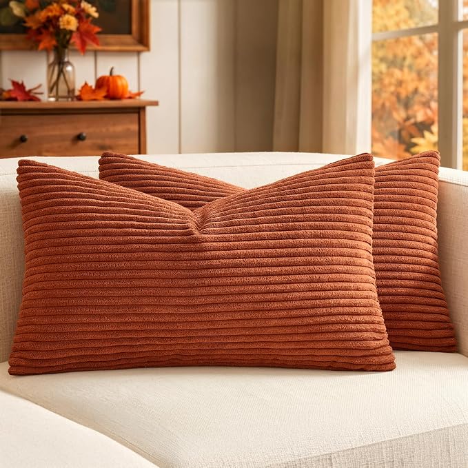 MIULEE Fall Lumbar Corduroy Throw Pillow Covers Set of 2 12x20 Rust | Decorative Soft Striped Textured Cushion Cases, Boho Rustic Pillowcases for Home Decor, for Couch Chair Sofa Bed Living Room