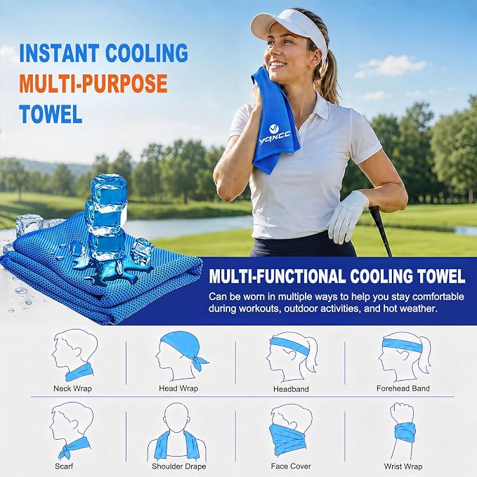 YQXCC 2 Pack Cooling Towels (47"x12"), Ice Cool Neck Towel, Soft Breathable Microfiber for Yoga, Golf, Gym, Running, Camping & Hot Weather