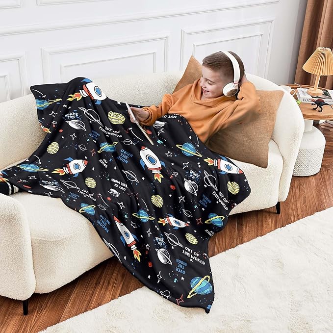 Wajade Toddler Fleece Space Blanket for Boys Kids 3D Rocket Planets Soft Throw Blanket Birthday Christmas Halloween Space Decor for Children 60"x80"