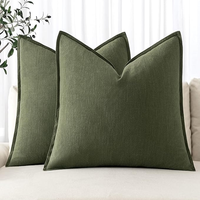 MIULEE Decorative Linen Pillow Covers 20x20 Inch Dark Olive Green | Boho Farmhouse Neutral Couch Throw Pillows for Bed, Pack of 2 Accent Modern Pillowcases, Sofa Livingroom Home Decor