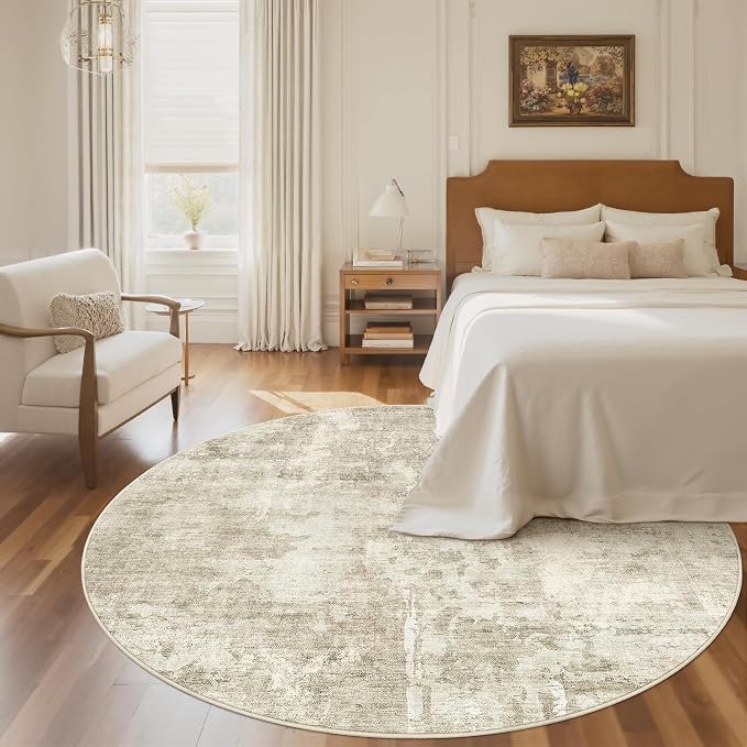 Soalmost Abstract 6x6 Round Rug 6ft Circle Living Room Rugs, Beige/Gray | Washable Vintage Indoor Carpet for Dining Bedroom, Low Pile Stain Resistant Foldable Floor Mat Entryway Home Office Decor
