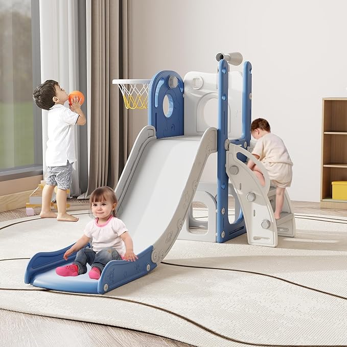 kinbor 6 in 1 Toddler Slide PlaySet - Indoor Outdoor Fun for Kids Ages 1-3, Includes Basketball Hoop, Telescope, Storage & Climber, Safe, Sturdy Baby Slide for Backyard Playground, Blue