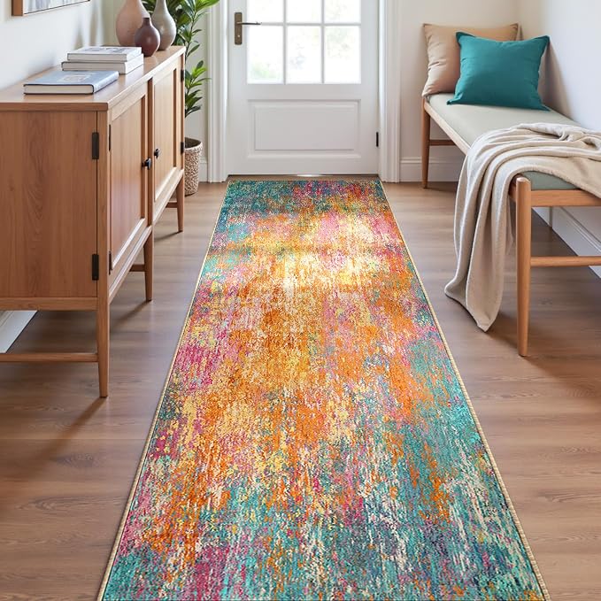 RELEANY Washable Area Rugs 2'x6' Non-Slip Modern Abstract Soft for Living Room Entryway Bedroom Kitchen, Print Pattern, Orange Blue Pink Yellow Colorful