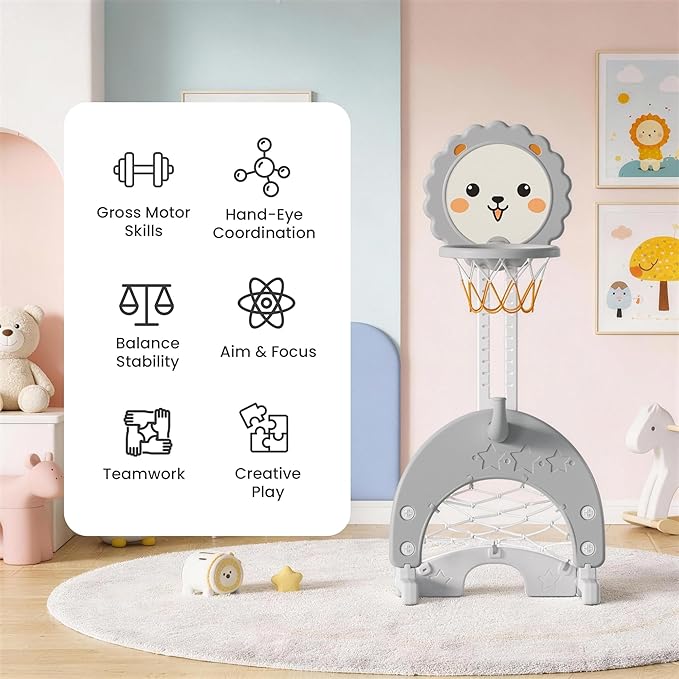 4-in-1 Toddler Basketball Hoop Adjustable Height Indoor Outdoor Sports Center for Kids Aged 1-3 Basketball, Soccer, Hockey & Ring Toss, Grey and White