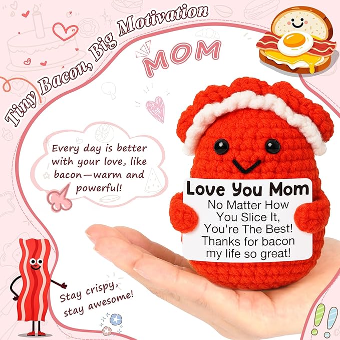 Mini Birthday Gifts for Mom from Daughter Son Christmas Thanksgiving Day Gifts Cute Handmade Crochet Bacon Gift for New Mommy Step Bonus Mom Mother in Law Christmas Stocking Stuffers Ideas