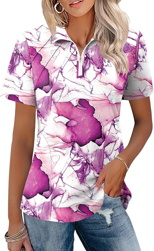 LOMON Womens Golf Polo Shirt Summer Short Sleeve Quarter Zip Outfit | Side-Pockets,Princess Seams,Cotton,Wrinkle Free,Moisture Wicking,Quick-Dry,Lightweight,Collared,for Tennis Workout