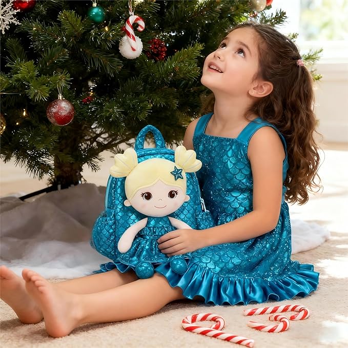 Lazada Toddler Backpack - Baby Girl Gifts Plush Doll Dress Backpack - Fashion Girls Tina Fish Scale Series - Blue 11Inches