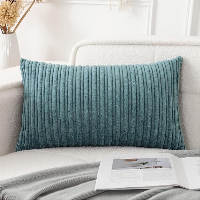 UGASA Velvet 12x20 Inch Lumbar Soft Throw Pillow Cover Boho Farmhouse Decorative Corduroy Striped Both Sides Solid Rectangular Cushion Case for Couch Bedroom Sofa Home, 1 Piece, Blue Grey