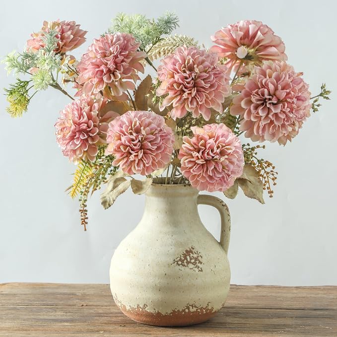 Ceramic Flower Vase Home Decor - 7.1 Inch Farmhouse Vases Rustic Vintage Living Room Kitchen Bedroom Decorations for House Book Shelf Office Coffee Desk Dining Fireplace