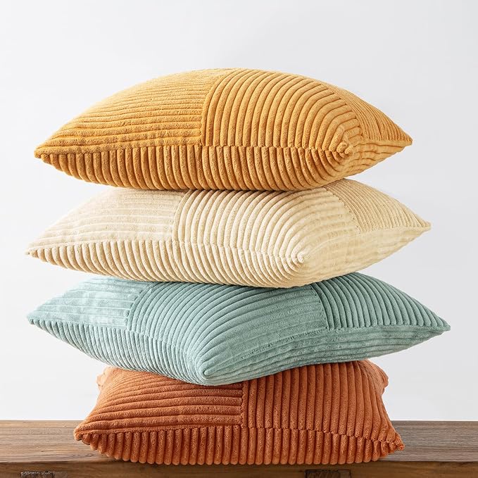 MIULEE Fall Boho Farmhouse Decorative Throw Pillow Covers 18x18 Inch 4 Packs Soft Vintage Pillow Cases Modern Corduroy Patchwork Cushion Covers for Couch Sofa Bed Home Decor, Teal-Rust