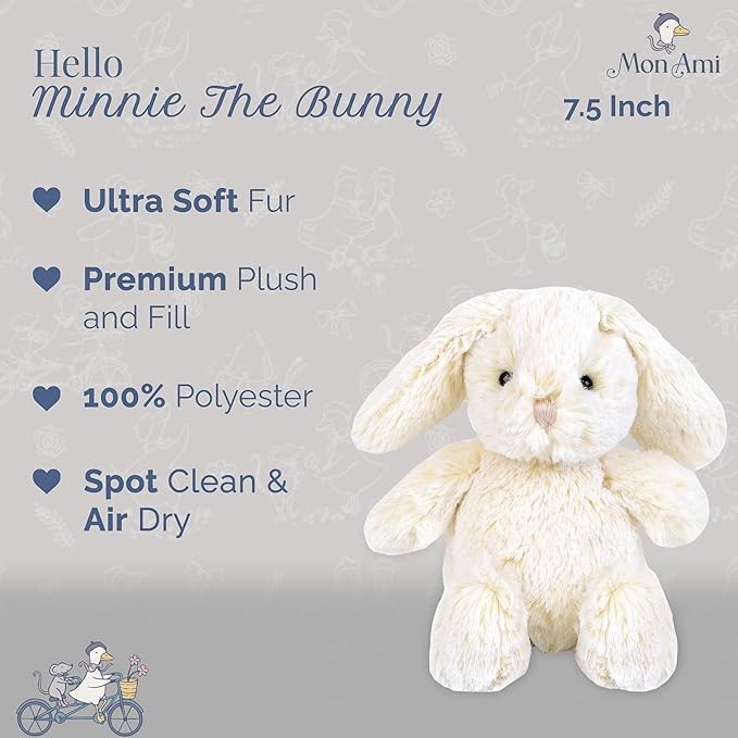 MON AMI Minnie The Bunny Plushie – 7.5” Soft and Cuddly Stuffed Animal Toy for Kids, Cute Easter or Birthday Gift, Huggable Bunny Plush for Children