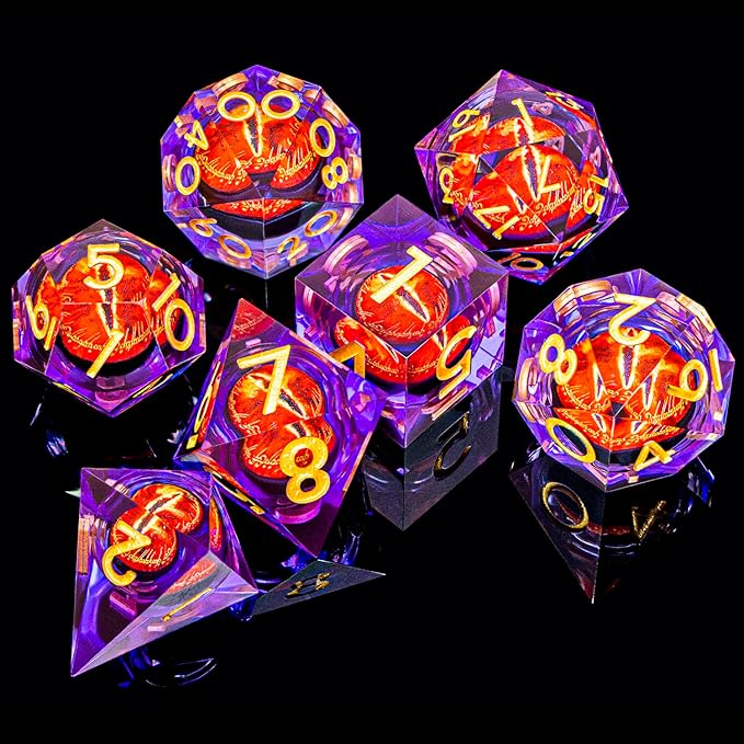 ARUOHHA DND Resin Dice Gazes Eye Dice Purple Gold Liquid Core Flaming RPG Sharp Edged Dice Set with Gift Box, Polyhedral D and D Dice Set Compatible with Dungeons Dragons Role Playing Game D20 D6