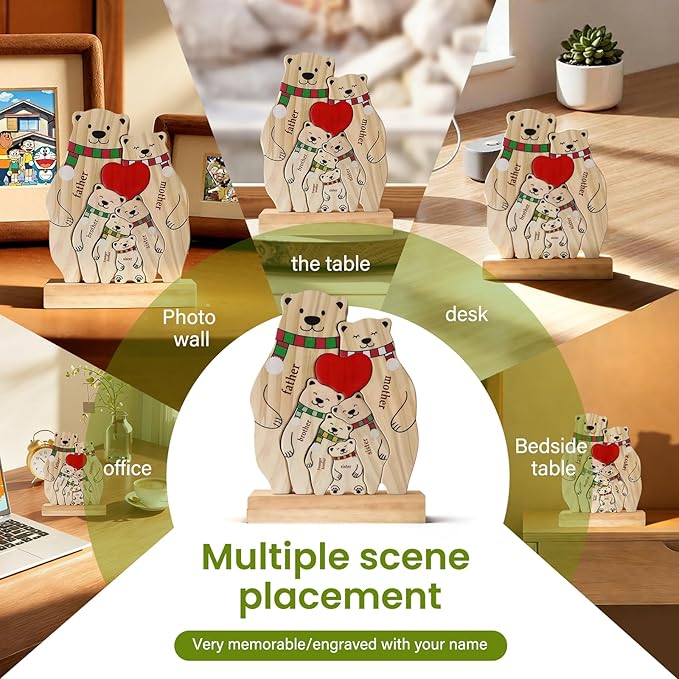 Personalized Wooden Bear Family Puzzle with 2-6 Names - Custom Bear with Scarf Art Figurine for Mom Grandma - Cute Christmas Winter Home Decor Gift for Housewarming Birthday