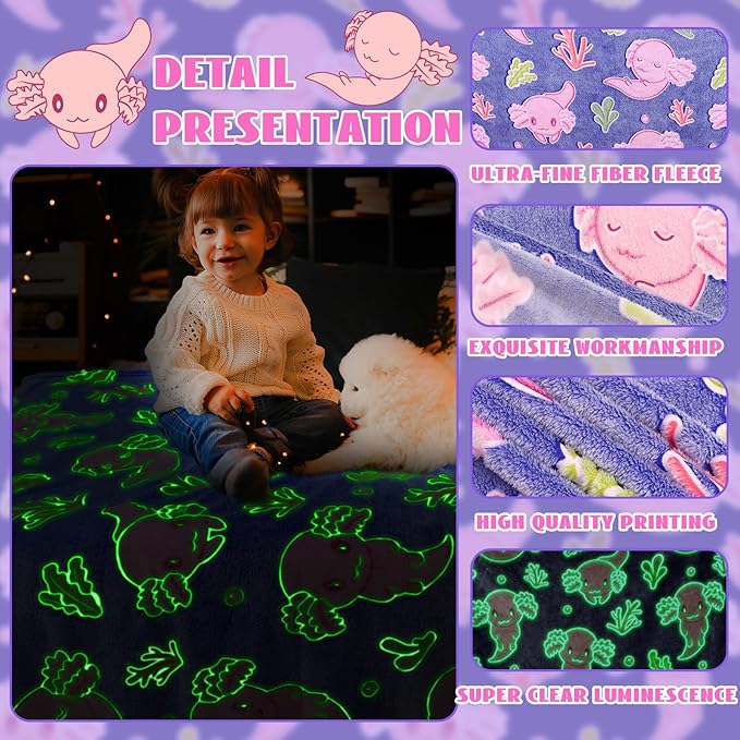 Axolotl Gifts Glow in The Dark Blanket for Girls Salamander Toys Kids Cute Animals Fish Throw Blankets Soft Fleece Blanket Room Decor 50 "X 60"
