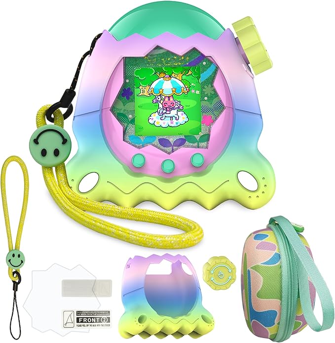 JCHPINE Hard Case and Silicone Cover for Tamagotchi Paradise Electronic Pet, Protective Cases for Tamagotchi Paradise with Screen Protector and Lanyard (Rainbow)