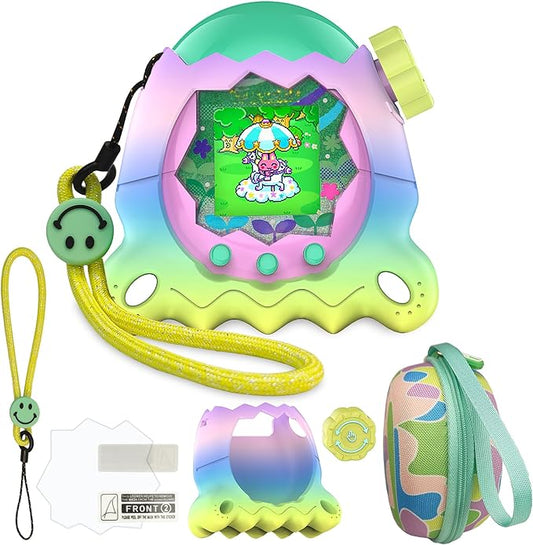 JCHPINE Hard Case and Silicone Cover for Tamagotchi Paradise Electronic Pet, Protective Cases for Tamagotchi Paradise with Screen Protector and Lanyard (Rainbow)