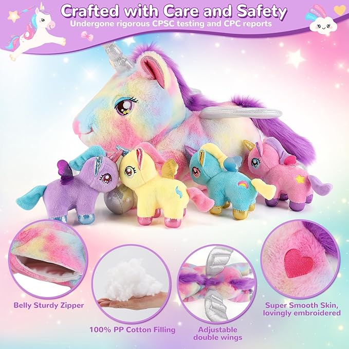 5 Pieces Unicorn Stuffed Animals - 1 Mommy Stuffed Unicorn with 4 Babies - Unicorns Gifts for Girls Ages 3-8, Unicorns Plush Toys for Christmas, Valentine's, Birthday Gifts (Rainbow)