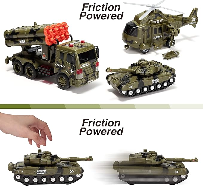 JOYIN 3 in 1 Friction Powered Siren Army Vehicle Toy with Action Figures - Military Truck, Helicopter and Tank Toy with Light and Sound Siren for Imaginative Play, Presents for Kids