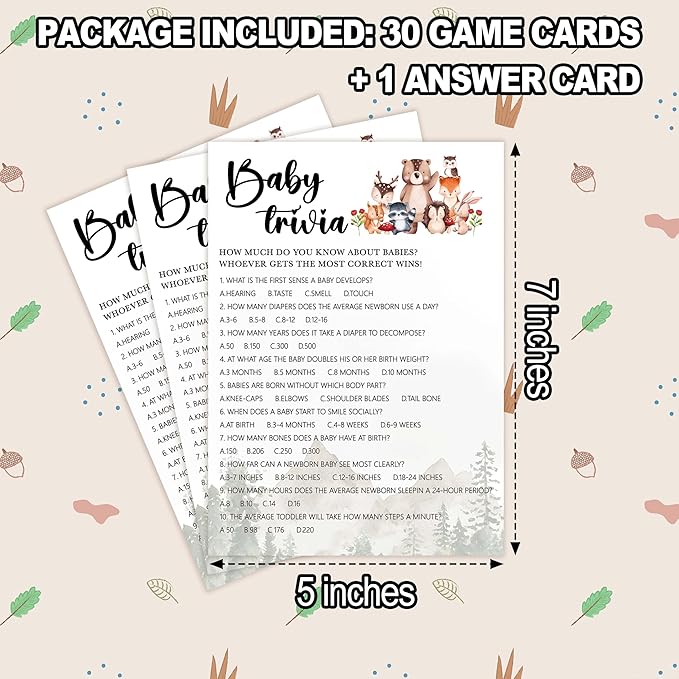 Baby Shower Games for Boy, 30 Woodland Baby Trivia Game Cards + 1 Answer Card, Safari Animals Gender Reveal Party Decorations Supplies Favors - C05