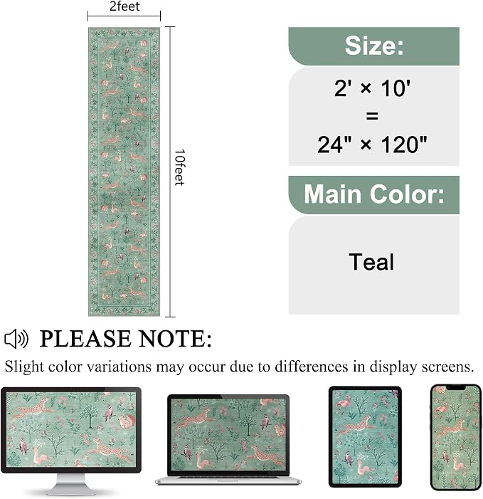 DUKINO 2x10 Kitchen Runner Rug, Soft Non Slip Animal Washable Rug, Teal | Low Pile, Non-Shedding Indoor Carpet Runner for Hallway, Entryway, Bedroom, Bathroom, Laundry, Pet Friendly, Stain Resistant