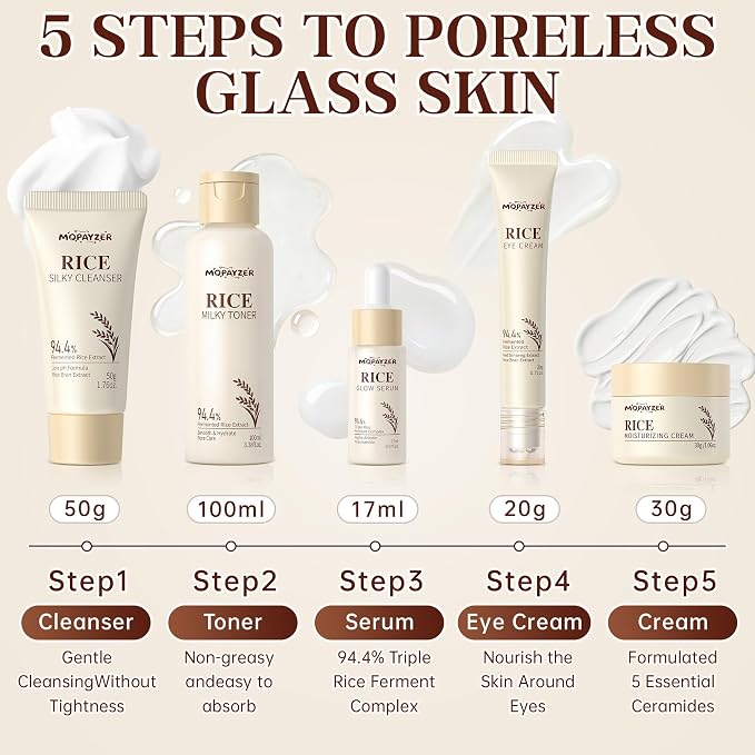 5PCS Rice Skincare Set, Korean Skin Care Set for Women Teens Girls, Rice Cleanser Toner Serum Face Cream Eye Cream, Hydrating Moisturizing Skin Care Set for Daily Face Care Routine