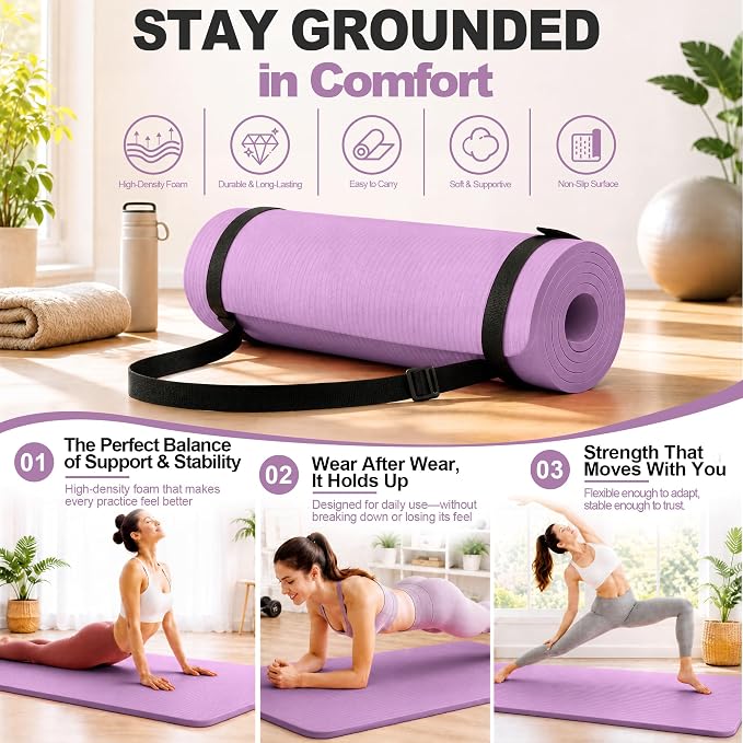 HULKFIT High Density Non Slip Yoga Mat, Extra Thick Exercise Mat with Carrying Strap, for Pilates, Fitness, Home Gym & Floor Workouts - Multiple Thickness & Multiple Color