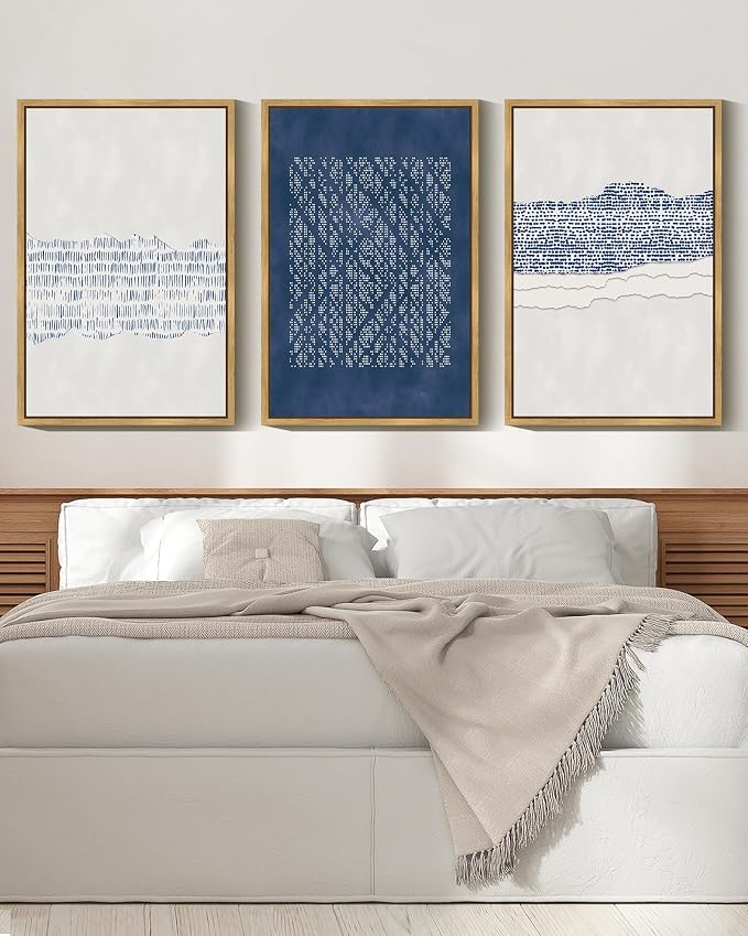 Drsoum Blue Abstract Boho Framed Wall Art Large 24x36in Minimalist Mid-Century Modern Wall Decor Geometric Artwork Kitchen Dining Room Black Framed