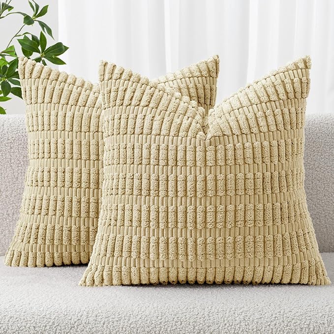 MIULEE Corduroy Decorative Throw Pillow Covers 16x16 Beige Pack of 2 | Soft Boho Striped Pillow Covers Modern Farmhouse Home Decor For Sofa Living Room Couch Bed