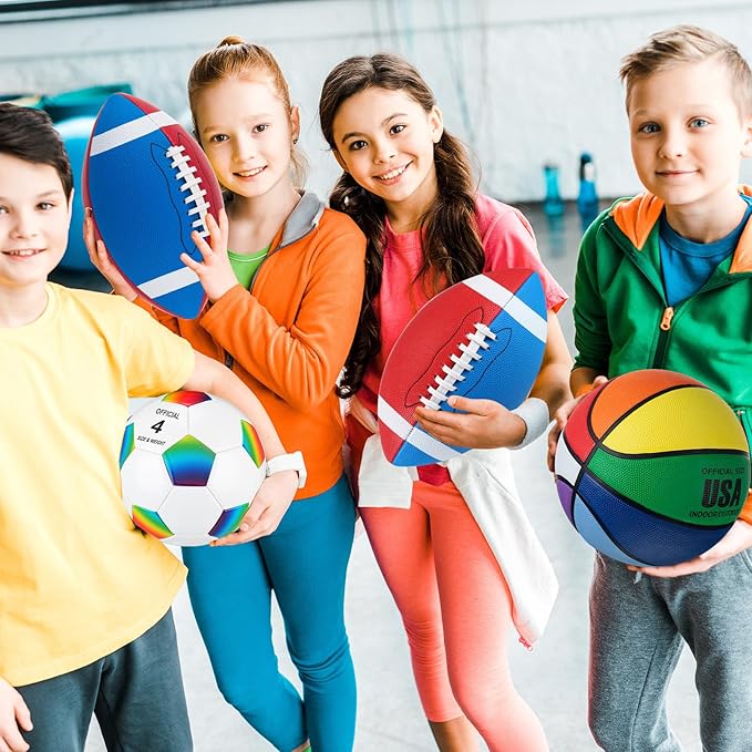 Libima 3 Pcs Sports Ball Set for Kids Teens Include Official Size 5 Basketball 4 Soccer 6 Football with Pump and Carry Bag Training Practice Sport Gift for Kids Teens Back to School