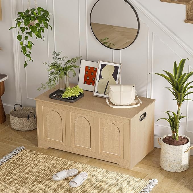 Storage Chest, Wooden Toy Box, Natural 39.4" L | Entryway Shoe Bench, 2 Soft-close Hinges, Finger-safe Flip-Top Lid, Easy Assembly, Farmhouse Large Trunk, Living Room/Bedroom