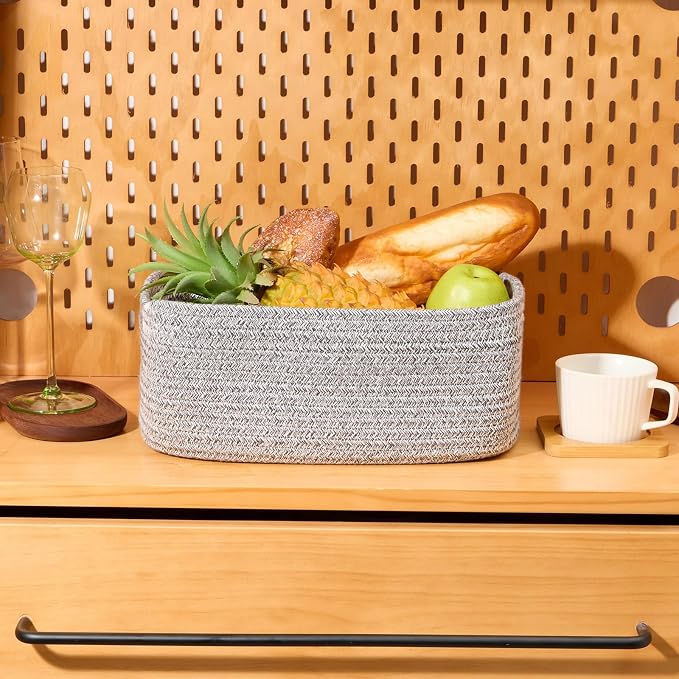 MiniArk Small Storage Baskets for Organizing | Closet Organizer Bins | Shelf Toy Basket | Woven Rope Baskets | Cube Decorative Box | Shallow Basket | 13x8.5x5.1” | 3 Packs Mixed Grey