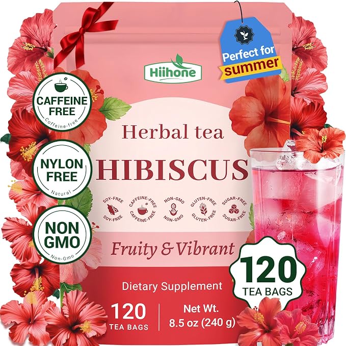Hiihone Hibiscus Tea Bags 120 Count – Pure Hibiscus Flower Herbal Tea, Caffeine-Free, Tart & Refreshing Flavor, Rich in Antioxidants, Non-GMO, Natural Herbal Tea for Hot or Iced Tea