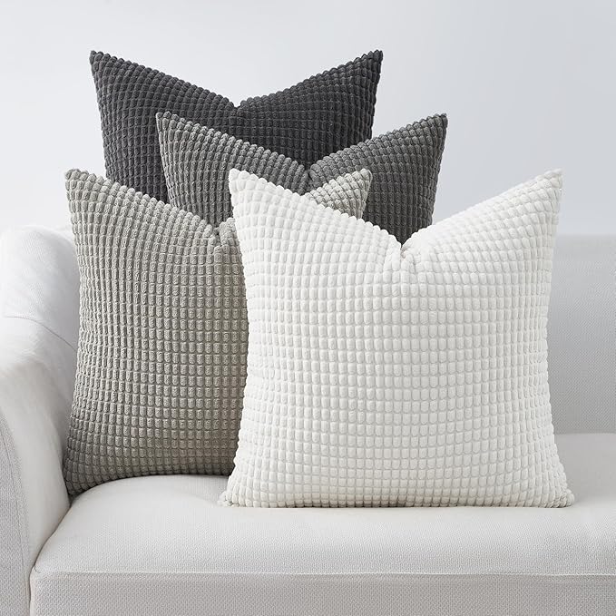 Topfinel 4 Packs Grey Decorative Throw Pillow Covers 16x16 Inch for Living Room Couch Bed Sofa, Boho Western Farmhouse Home Decor, Square Soft Moss Corduroy Fall Cushion Case 40x40 cm
