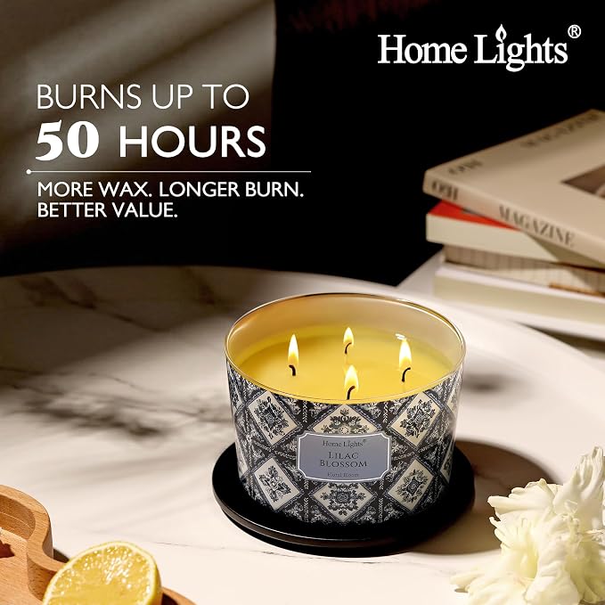 HomeLights 4-Wick Candles for Home Scented - 18oz Soy Wax Blend Candle Long-Lasting Fragrance, Bohemian Natural Textures Home Decor and Housewarming Gifts, Lilac Blossom