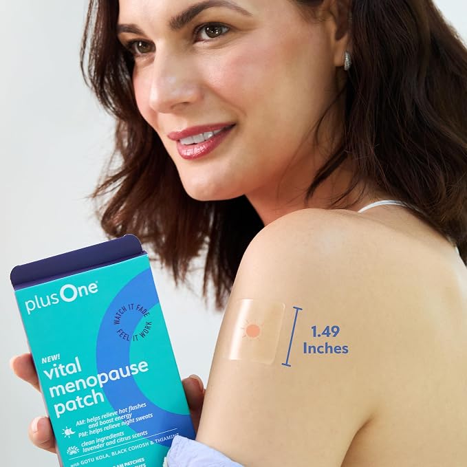 plusOne Vital Menopause Patches AM & PM, Hot Flash Night Sweat Support 16ct | Herbal Arjuna Daily Patches, Promotes Energy & Sleep