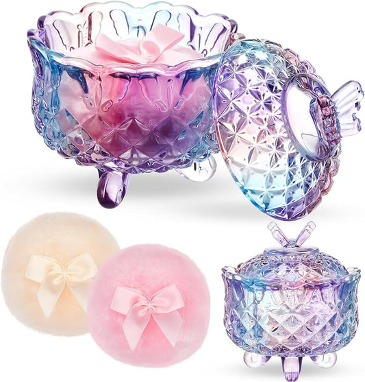 Tioncy 3 Pcs Large Body Powder Puff and Container Powder Container with Puff Crystal Case Soft Washable Reusable Velour Face Body Glitter Wet Dry Makeup Gift(Butterfly, Pastel)