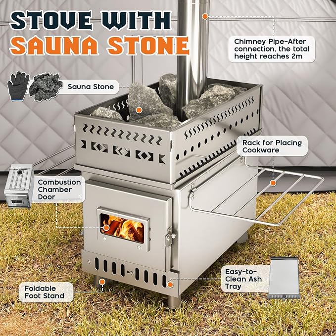 Albott Outdoor Sauna Tent with Wood Burning Stove, 4-6 Person Portable Sauna Tent, 8.2 x 8.2 x 6.7 FT, 3-Layer Thermal Oxford Fabric, Pop-Up Setup, Open-View Windows, Ground Nails & Wind Ropes, Grey