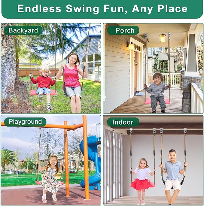 SELEWARE Heavy Duty Swing Seat Replacement for Kids, 2-Pack Outdoor Swing Set Accessories with Adjustable Ropes & Snap Hooks, Plastic Playground Swing for Backyard, Tree, Indoor Play (Black & Pink)