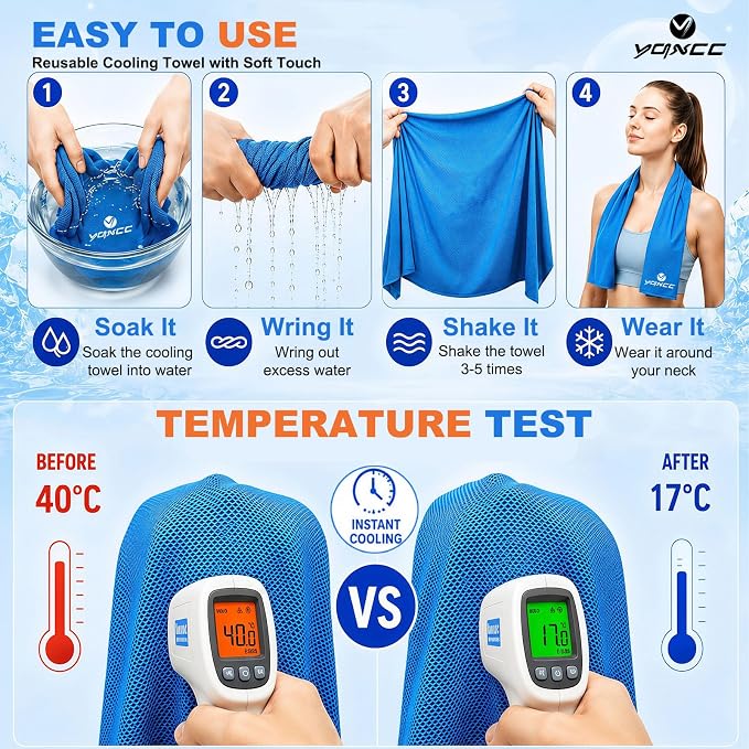 YQXCC 4 Pack Cooling Towels (40"x12"), Ice Cool Neck Towel, Soft Breathable Microfiber for Gym, Yoga, Golf, Running, Camping & All Hot Weather Activities
