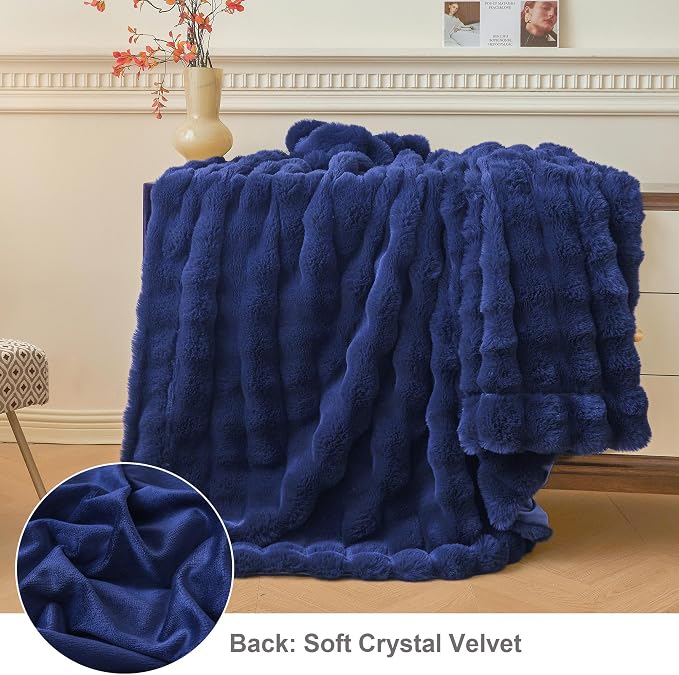 LIFEREVO Luxury Fluffy Faux Rabbit Fur Throw Blanket 50x60, Navy Blue | Plush Bubble Blanket for Bed Couch Sofa Office, Decorative Soft Cute Royal Furry Lap Throw for Kids Teens Adults, Washable