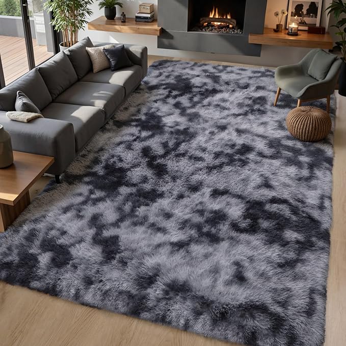 KICHOWUA Grey Tie-Dye Dark Gray Fluffy 9x12 Rug Bedroom Living Room Shag | Grey Soft Washable Shag Carpet Kids Room Nursery Dorm Decor, Plush Fuzzy Rug Baby Toddler, Fluffy Area Rug