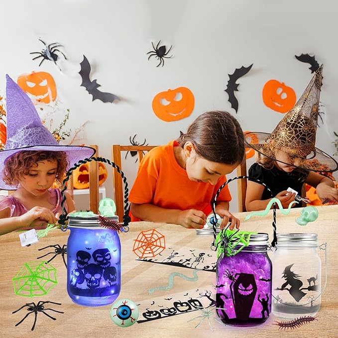 Halloween Crafts for Kids, 12 PCS Mason Jar with Accessories for DIY Craft & Art Party Favor Supplies, Halloween Decoration Trick or Treat, Classroom Art Activities