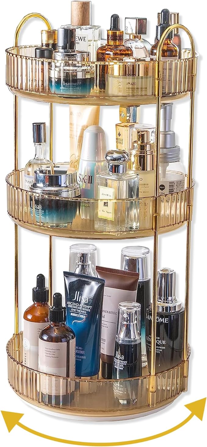 Asayuee 360 Rotating Makeup Organizer for Vanity,3 Tier Large Capacity Vanity Storage,Skincare Perfume Spinning Organizer,Bathroom Cosmetics Storage Makeup Stand Organizer (Gold-3 Tier)