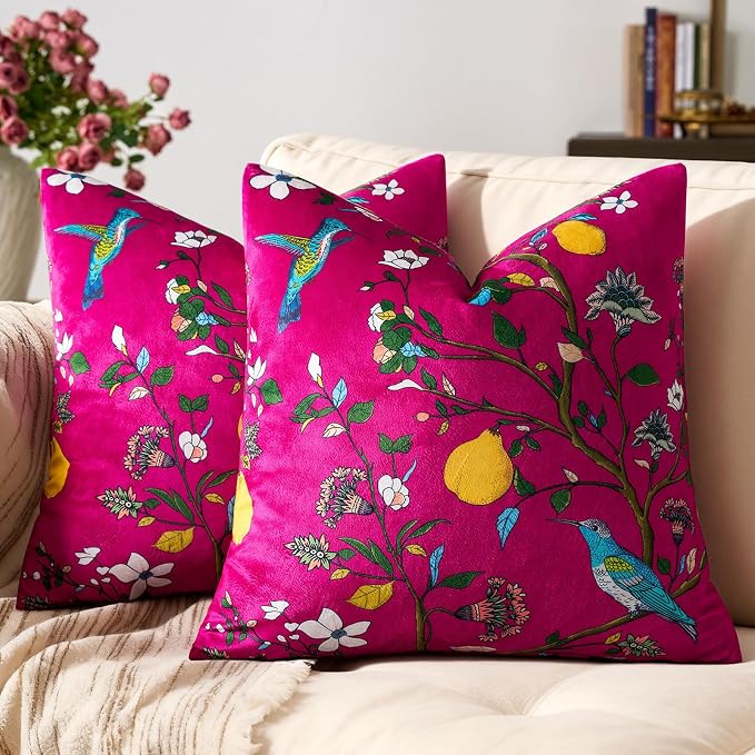 MUSSEL Hot Pink Velvet Floral Decorative 20x20 Pillow Covers Set of 2 | Durable Sturdy,Botanical Printed Pattern,Throw Pillows Case,Square,Colorful Mid Century Cushion Covers,Sofa Couch Decor